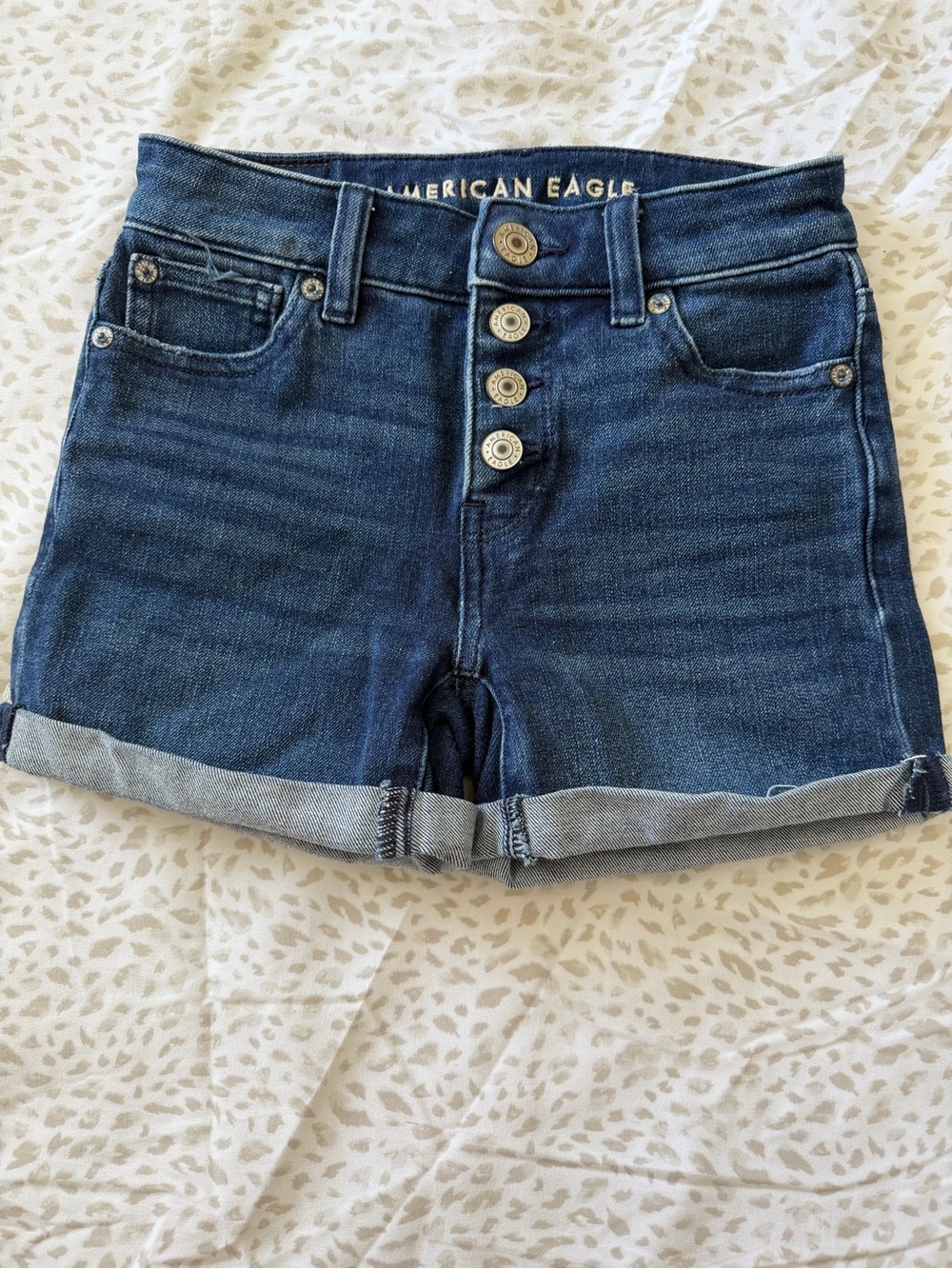 American Eagle Outfitters Dark Blue Denim Button-Fly Rolled Hem Shorts